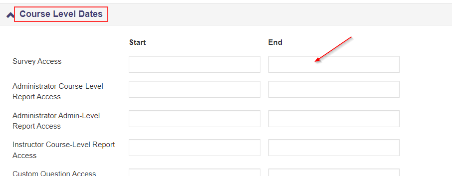 Screenshot of the Course Level Dates section showing the Survey Access End box.