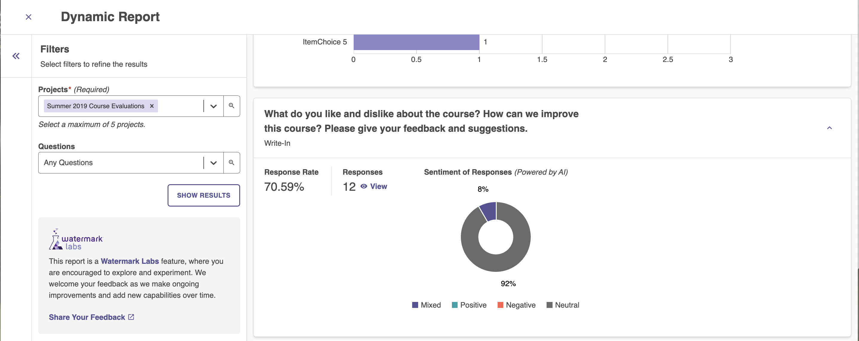 The Dynamic Report page showing a sentiment analysis donut chart for a specific course.