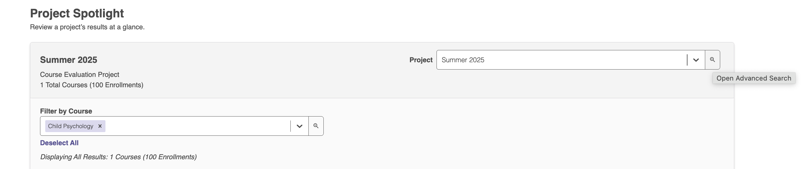 The Project Spotlight page showing a search view for filtering by course.