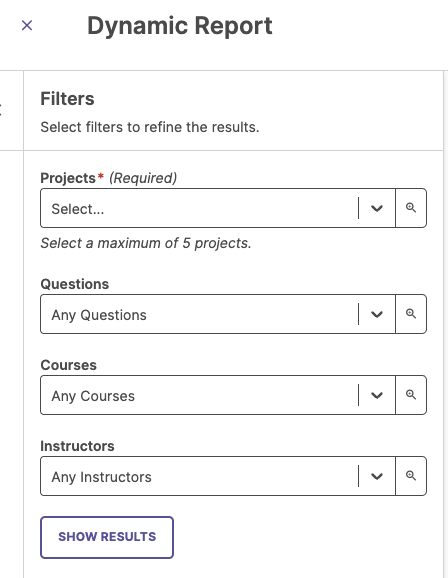 The 'Dynamic Report' section showing dropdown filters, with 'Show Results' button.