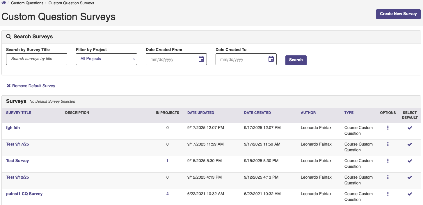 The Custom Question Surveys page showing the details of surveys in a table structure.