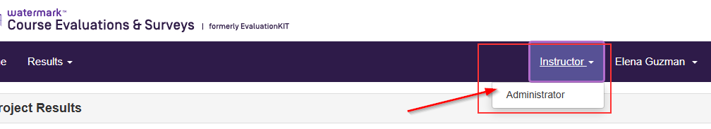 The CES interface header section showing the 'Instructor' role name dropdown menu expanded with an 'Administrator' option.