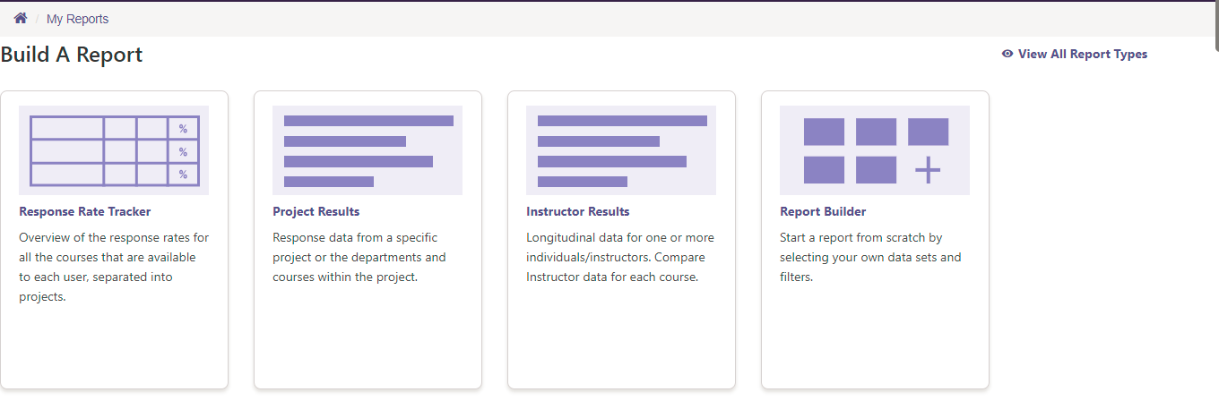 'The 'My Reports' page showing 'Build a Report' section with available report types, with 'View All Report Types' feature to see the full list.