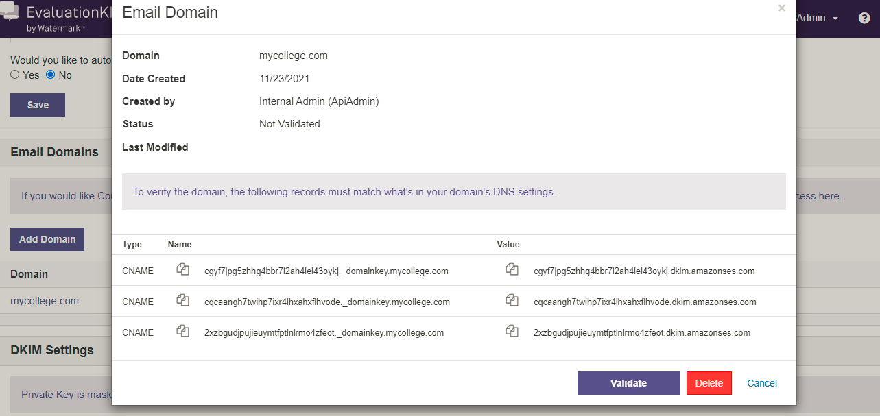 The Email Domain settings window showing domain details for mycollege.com, including creation date, creator, status, and DNS record requirements. A table lists CNAME records with their names and values, with Validate, Delete, and Cancel buttons at the bottom.
