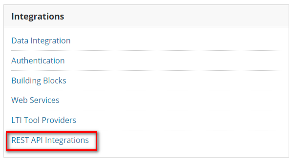 The 'Integrations' section showing various integration options, with 'Rest API Integrations' highlighted.