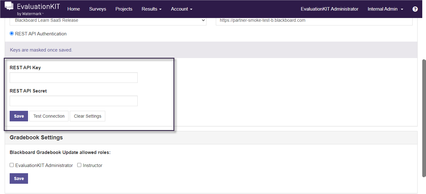 The EvaluationKIT interface showing 'Rest API key' and 'Rest API Secret' fields, with 'Save,' 'Test Connection,' and 'Clear Settings' buttons.