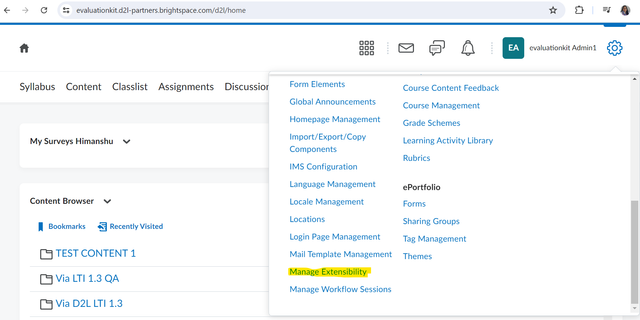 The Brightspace home page showing the navigation menu and a dropdown of administrative tools, with the Manage Extensibility option highlighted.