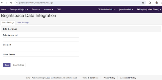 The Brightspace Data Integration page showing site settings fields for entering the Brightspace URL, Client ID, and Client Secret, along with Save and Clear Settings buttons.