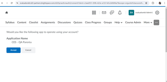 The OAuth consent page showing a prompt asking whether the listed application can operate using the user’s account, with Accept and Cancel buttons displayed below the application name.