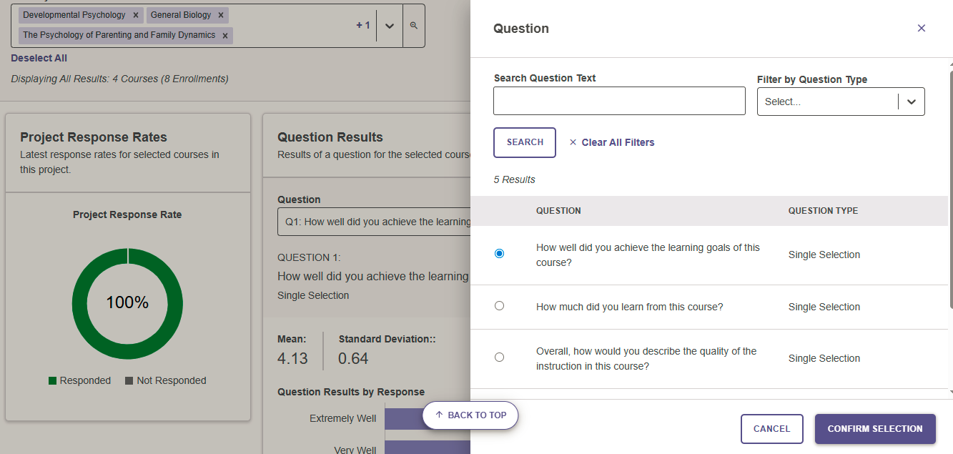 A course evaluation dashboard showing project response rates, question results, and a question selection panel with multiple single-selection questions.