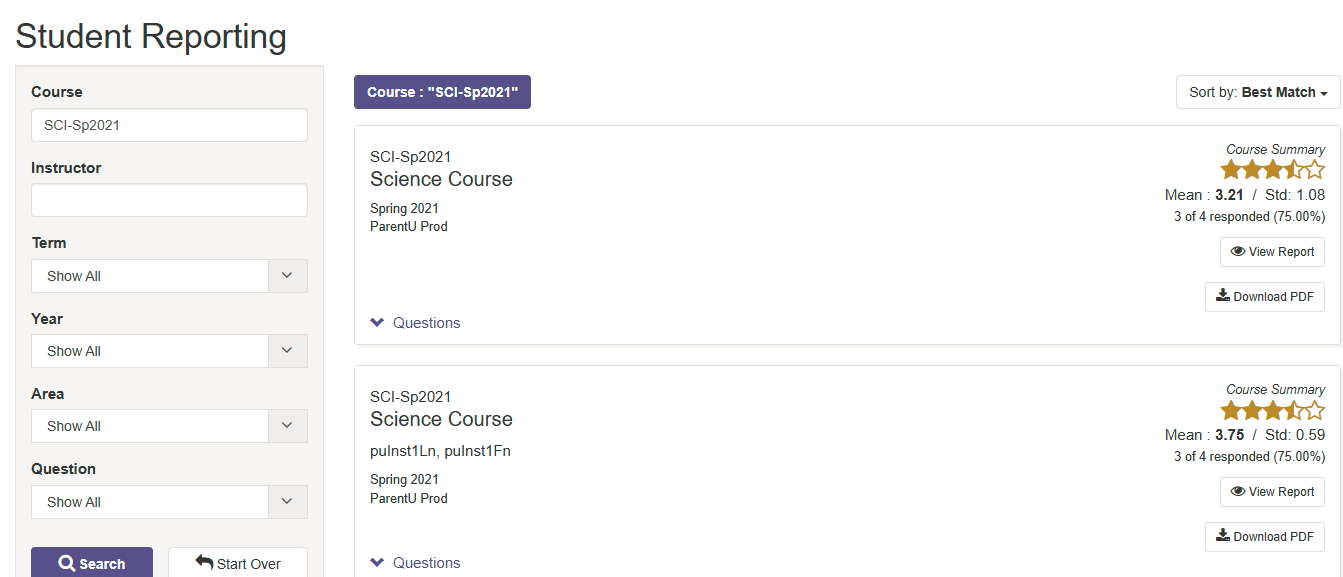 The Student Reporting page showing the details of the courses along with the 'View Report' and 'Download PDF' buttons.