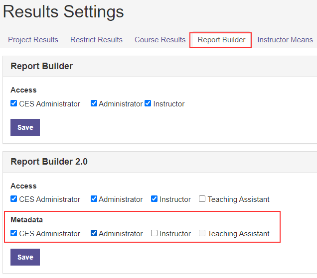 The 'Report Builder' tab of the Results Settings page showing the checkboxes for CES Administrator, Administrator, Instructor, and Teaching Assistant under the 'Metadata' section which is highlighted.