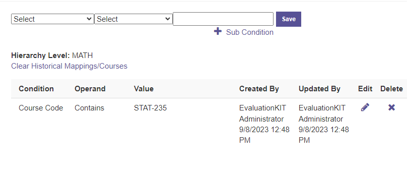The 'Report Mapper' settings page showing a condition filter for 'Course Code' containing 'STAT-235' under the 'MATH' hierarchy level.