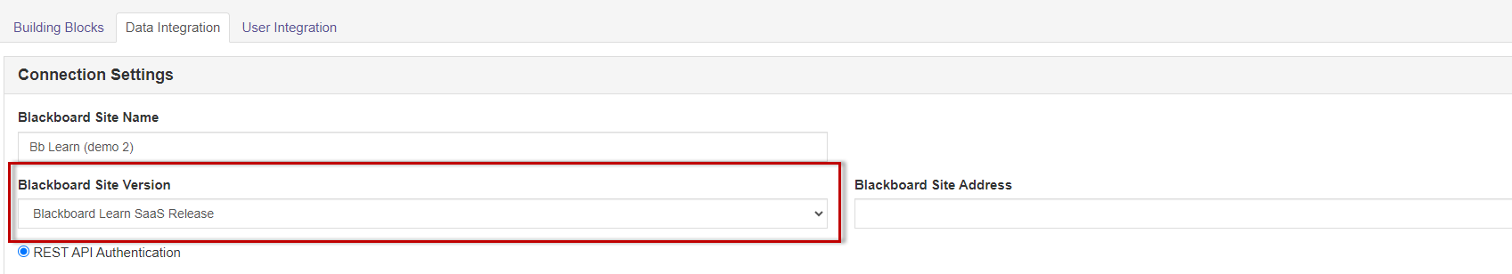 The 'Connection Settings' section under 'Data Integration' tab showing 'Blackboard Site Version' set to 'Blackboard Learn SaaS Release.'