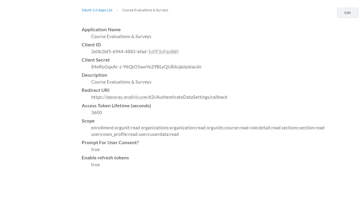 The OAuth 2.0 application details page showing the registered application's information, settings for user consent and refresh tokens, with an Edit button in the top right.