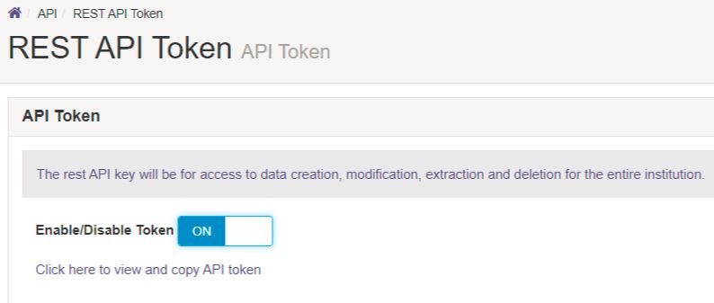 A REST API Token page under the API section, showing a description of the API key’s purpose, an Enable/Disable Token toggle switched to ON, and a link to view and copy the API token.