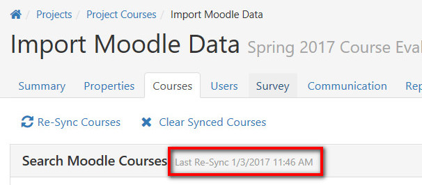 The 'Import Moodle Data' page under Project Courses showing the Courses tab with the Search Moodle Courses section and a highlighted note indicating the last re‑sync date and time.