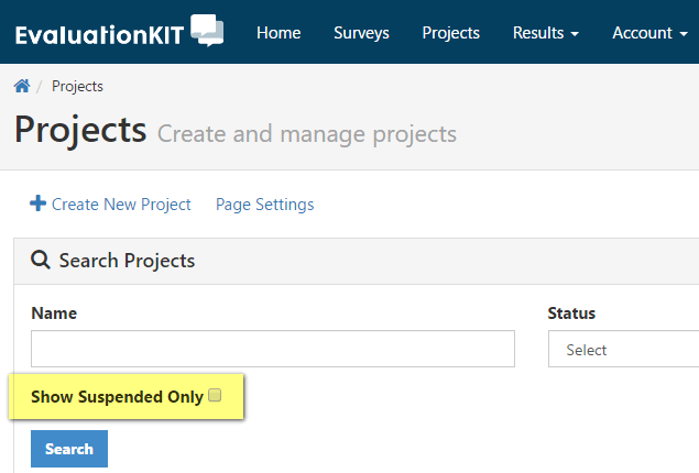 The 'Projects page' showing search project options, with a highlighted 'Show Suspended Only' checkbox, and a 'Search' button.