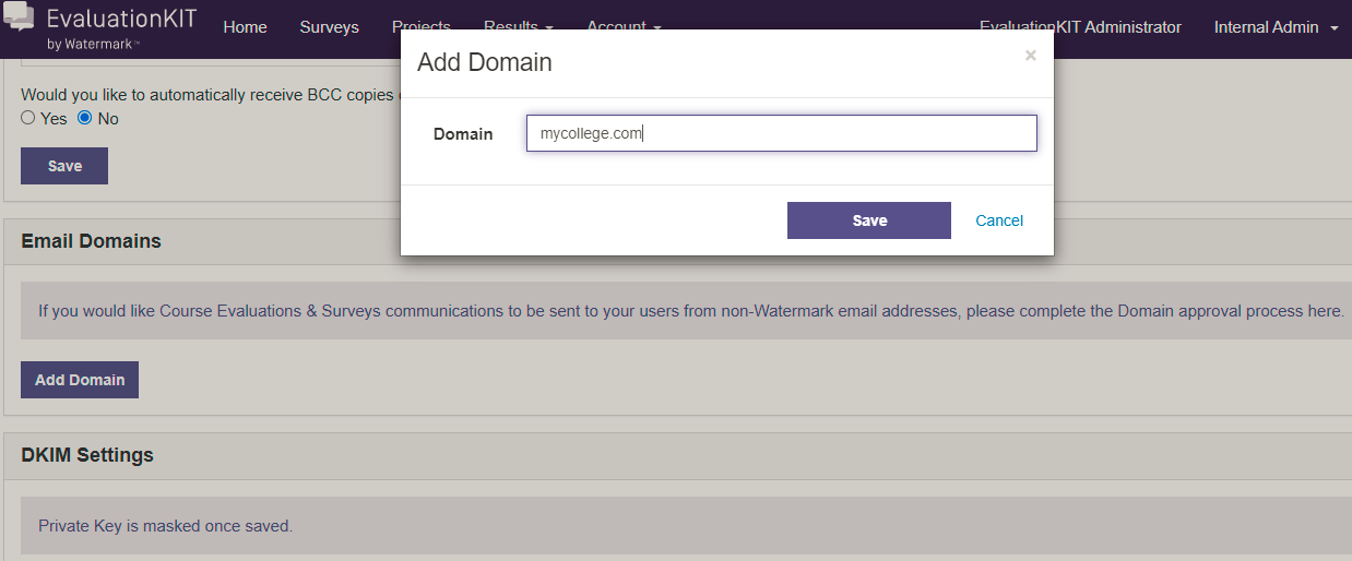 The Add Domain dialog showing a field to enter a domain name, with Save and Cancel buttons below.