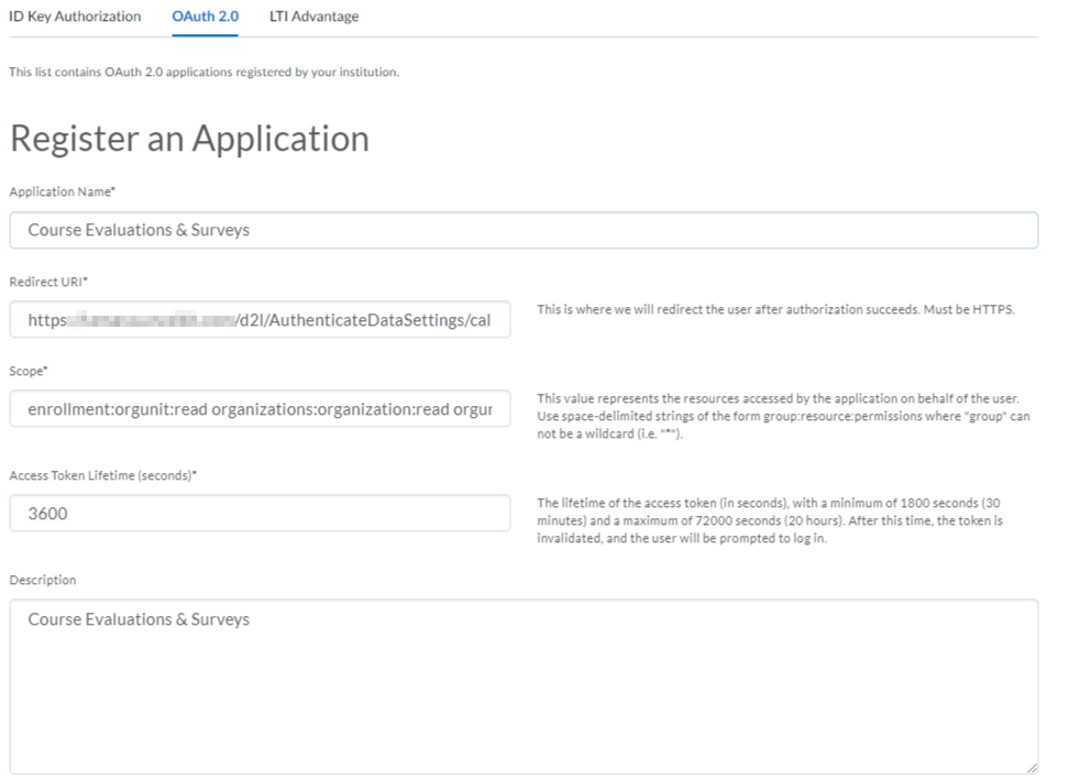 The OAuth 2.0 page showing the Register an Application form with fields for application name, redirect URI, scope, access token lifetime, and description.