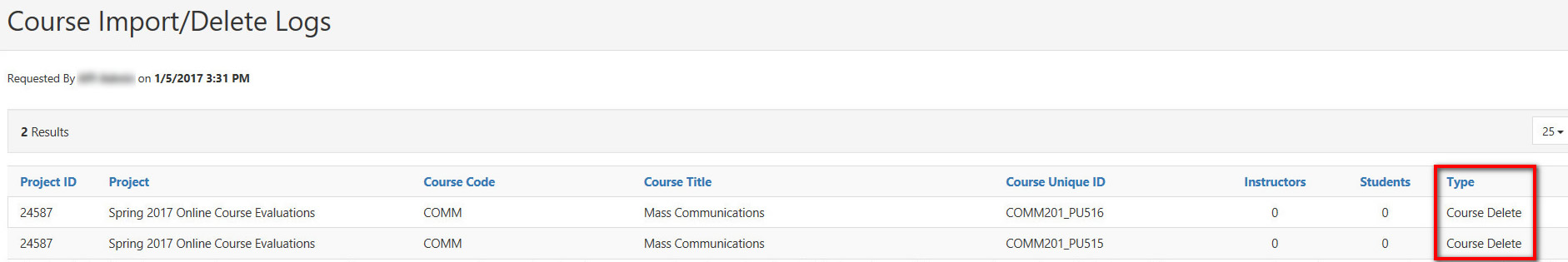 The 'Course Import/Delete Logs' page showing a table of two courses with columns for Project ID, Project, Course Code, Course Title, Course Unique ID, Instructors, Students, and a highlighted Type column showing 'Course Delete' for both rows.