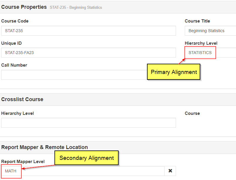 The course properties for 'STAT-235 - Beginning Statistics' with 'Primary Alignment' highlighted on the 'Hierarchy Level' as 'STATISTICS' and 'Secondary Alignment' on 'Report Mapper Level' as 'MATH.'