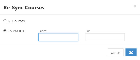 The 'Re‑Sync Courses' section showing options to re‑sync all courses or specify a range of course IDs, with From and To fields and Cancel and Go buttons.