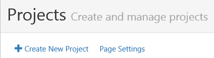 The 'Projects - Create and manage projects' page showing links for 'Create New Project' and Page Settings.'