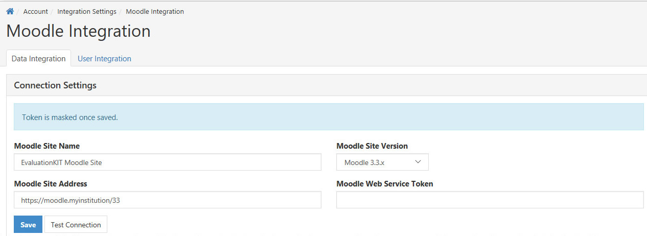 The 'Data Integration' tab of 'Moodle Integration' page under 'Integration Settings' showing Connection Settings with fields for site name, site address, site version, and web service token, along with Save and Test Connection buttons.