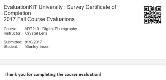 The Survey Certificate section showing the course, instructor, submission date, and student information on the left with a QR code on the right, followed by a message thanking the user for completing the course evaluation.