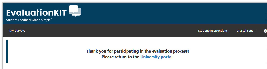 The EvaluationKIT page showing a message thanking the user for participating in the evaluation process with a link directing them to return to the University portal.