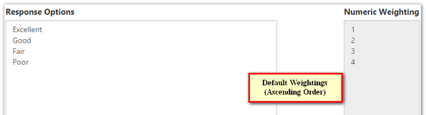 The interface showing a list of response options with corresponding numeric weightings displayed in ascending order.
