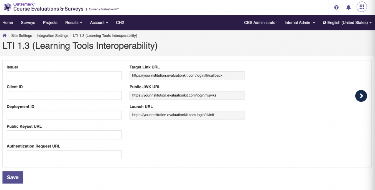 An LTI 1.3 (Learning Tools Interoperability) page under the Integration Settings sections, showing multiple input fields including Issuer, Client ID, Deployment ID, Public Keyset URL, Authentication Request URL, Target Link URL, Public JWK URL, and Launch URL, along with a Save button at the bottom.