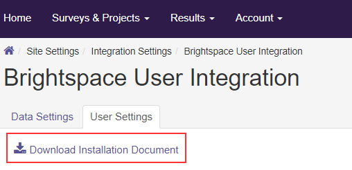 The Brightspace User Integration page showing tabs for Data Settings and User Settings. The User Settings tab shows a Download Installation Document link highlighted.