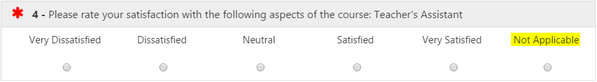 The question prompt on a course evaluation form showing a satisfaction rating scale with options from very dissatisfied to very satisfied, along with a highlighted 'Not Applicable' option.