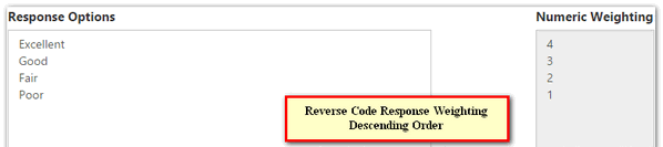 The interface showing a list of response options with numeric weightings displayed in descending order for reverse-coded scoring.