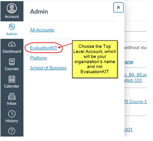 The admin menu showing a list of account options with the top‑level account link highlighted and a note indicating it should match the organization's name.