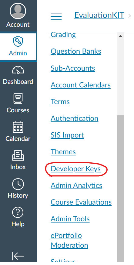 The admin menu showing a list of configuration options with the 'Developer Keys' link highlighted.