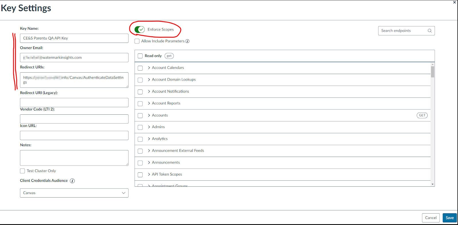The Key Settings page showing an API configuration form with fields for key details and redirect URLs, along with the 'Enforce Scopes' option enabled and a list of selectable permissions.