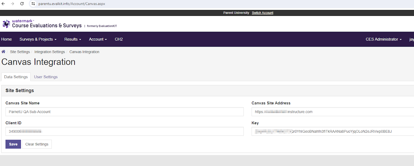 The Canvas Integration page showing site settings for connecting to a Canvas instance, including fields for the site name, site address, client ID, and key above save options.