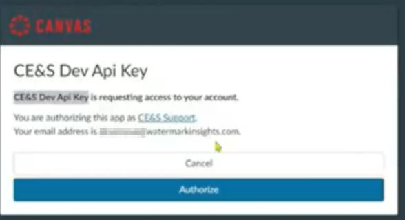 The Canvas authorization popup showing an app access request for a development API key, with options to cancel or authorize the request.