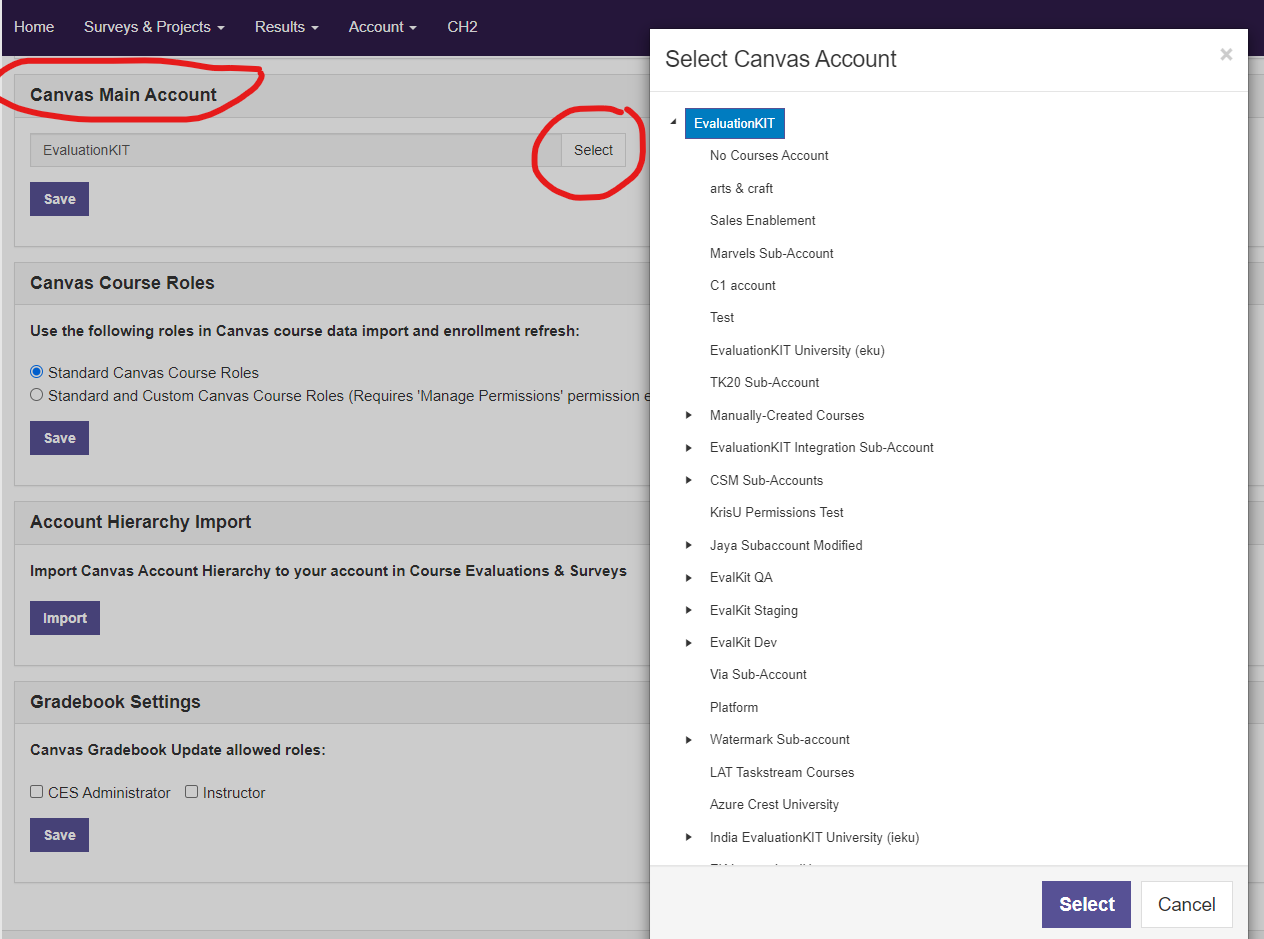 The Canvas settings page showing the option to select a Canvas main account, with a popup window open displaying a list of available Canvas accounts to choose from.