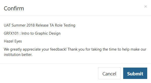 The confirmation popup showing the course and instructor information followed by a thank‑you message, with Cancel and Submit buttons at the bottom.