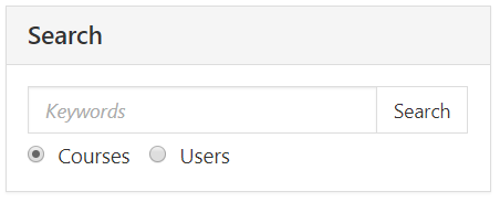 The Search panel showing a keyword field with options to search courses or users.