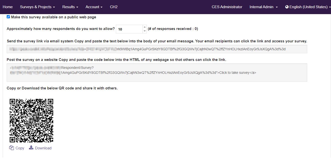 The survey distribution page showing a checkbox to make the survey available on a public web page, a field for setting the number of allowed respondents, an email link section with a copyable survey URL, an HTML embed section with a copyable code snippet, and a QR code at the bottom with copy and download options.