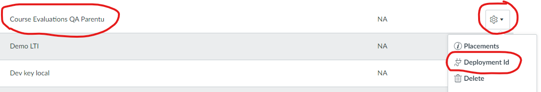 The LTI tools list showing the “Course Evaluations QA Parentu” entry circled on the left, with the gear menu on the right also circled and open to reveal the Deployment Id option circled in the dropdown.