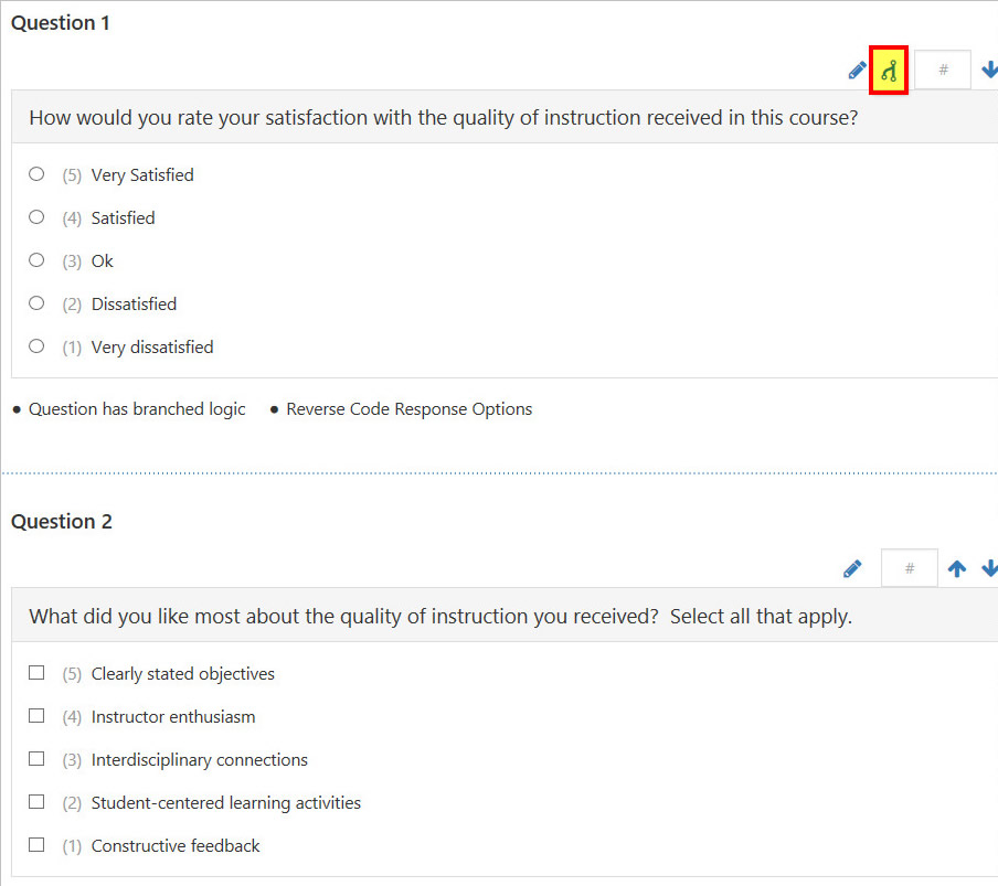 The survey editor showing multiple questions, with icon of a branch highlighted on the first question.