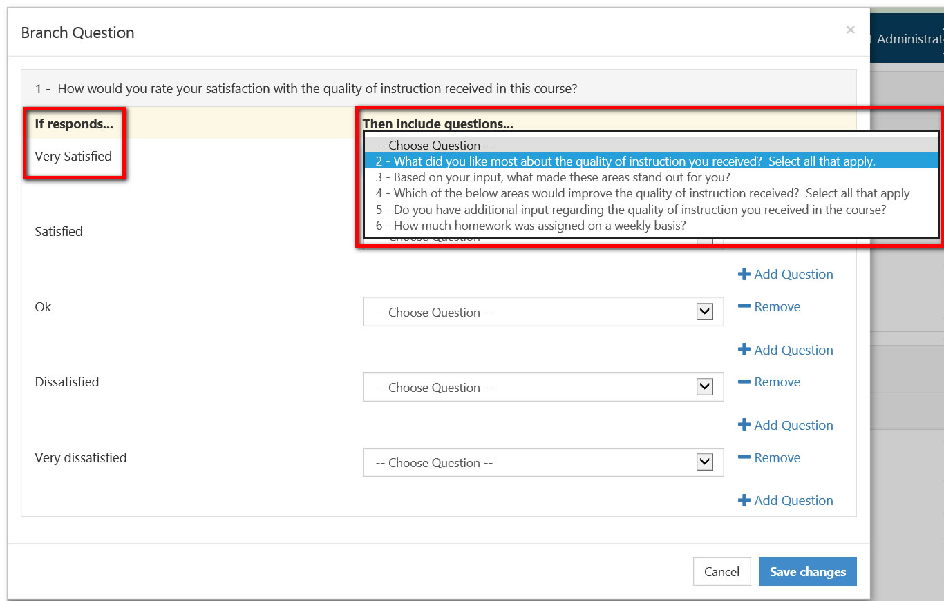 The branching settings panel showing a selected response and a dropdown to choose follow‑up questions.