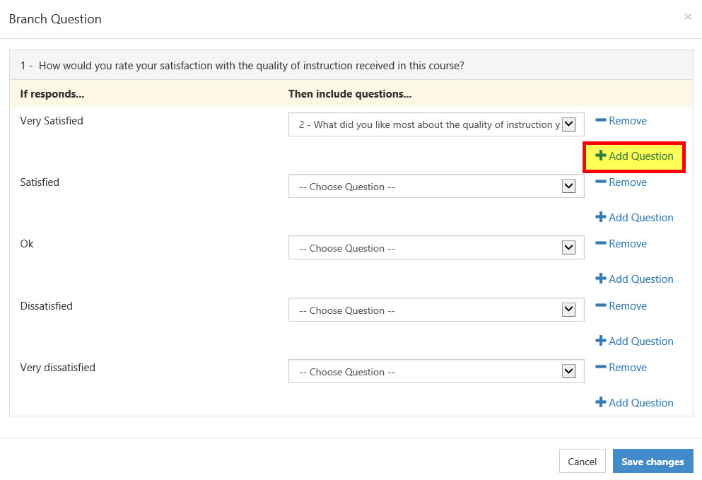 The branching settings panel showing options to add follow‑up questions for different response choices.