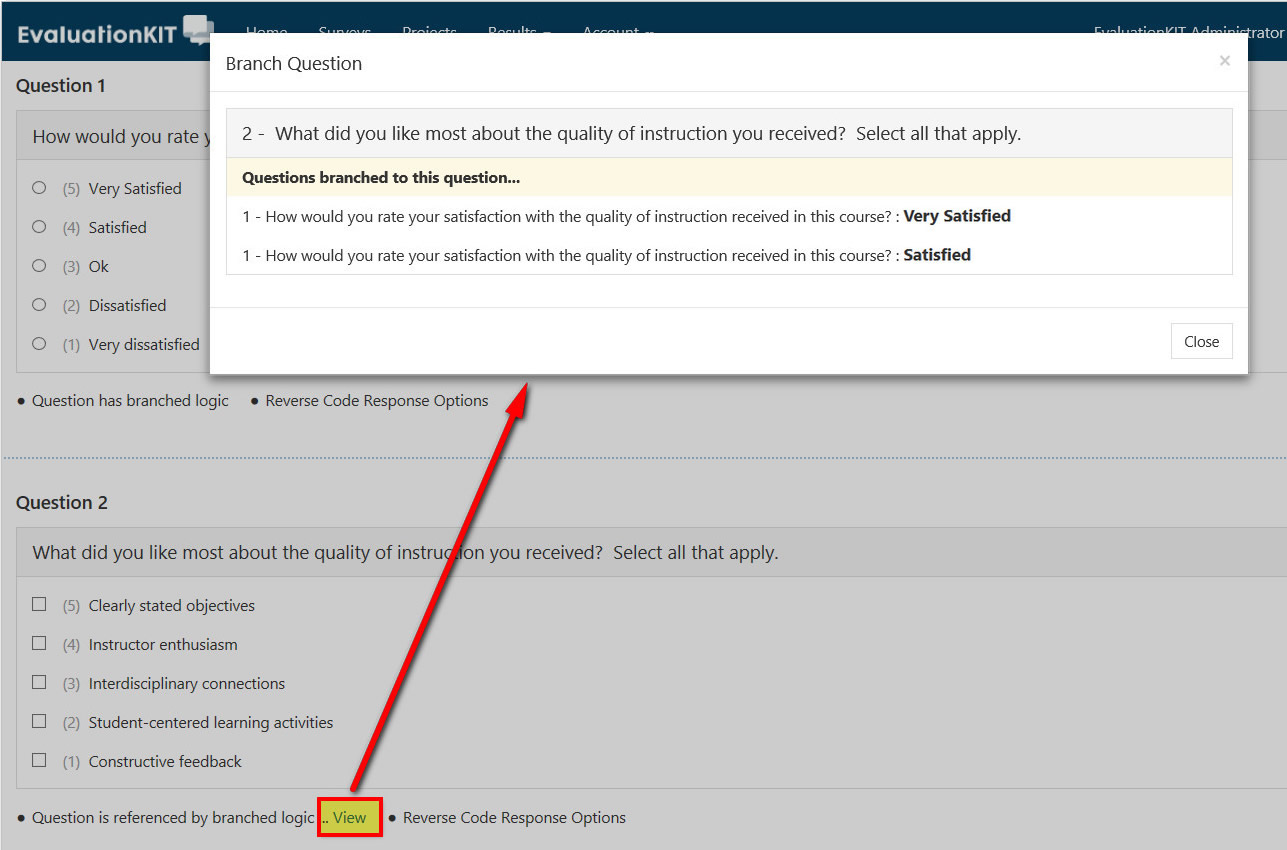The survey editor showing a view option that opens a panel listing the questions that branch to the selected question.